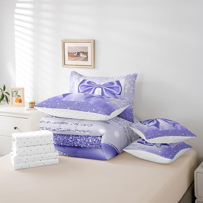 Feelyou Kids Cute Bowknot 7 Pieces Bedding Set Twin Size, Dreamy Princess Bed in A Bag Boys Girls Glitter Comforter Set with Sheets Watercolor Bow Teens Bed Set Bedroom Decor 7Pcs