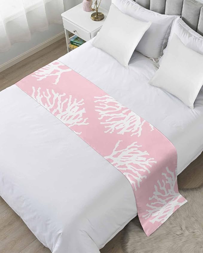 Coral Pink Bed Runner Scarf for Full Size Bed Foot, Decorative Bedding Accessory Stainproof & Dustproof Soft Protector For Bedroom Hotel Wedding Room Coastal White Ocean Marine Nautical Beach 83"x20"