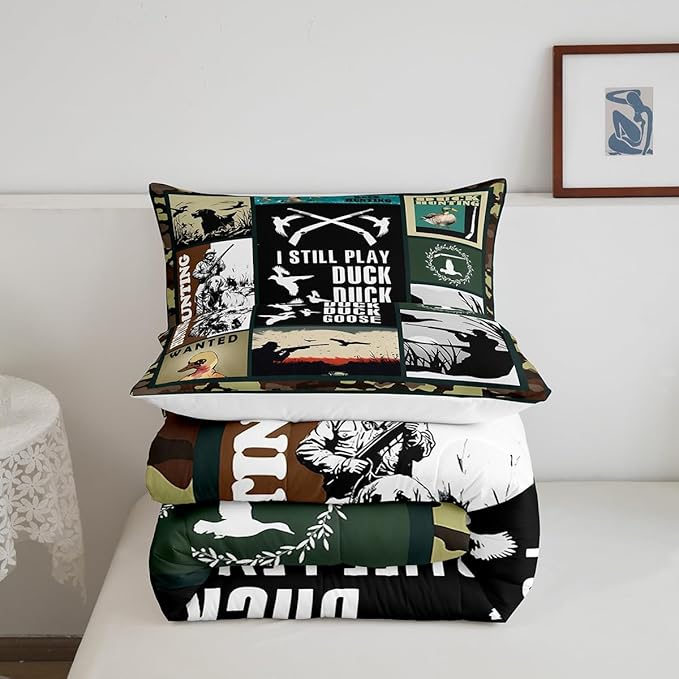 Feelyou Kids Duck Hunting Comforter Set Twin Size, Green Duck Bedding Set Hunting Fishing Comforter for Kids Boys Girls Wildlife Duvet Insert Room Decor with 1 Pillow Case
