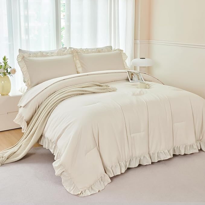 ANGIYUIN 5 Pieces Camel Ruffled Full Size Bedding Sets for Kids Girls Shabby Boho Bed in A Bag Lightweight Fluffy Bed Comforter Sets with Sheets(Camel Full)