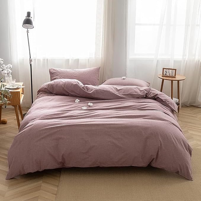 FACE TWO FACE Bedding Duvet Cover Set100% Washed Cotton Duvet Cover Linen Like Textured Breathable Durable Soft Comfy(Full, Purple Bean Paste)