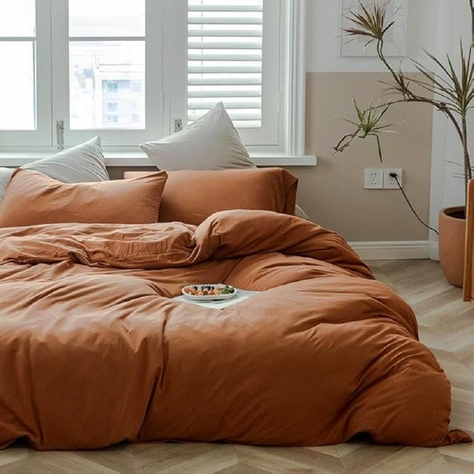 Terracotta Duvet Cover Jersey Knit Cotton Duvet Cover Twin XL Caramel 3 Pieces Bedding Set Rust Color Comforter Cover with Zipper Closure Comfy Burnt Orange Comforter Cover Farmhouse Bedding Set