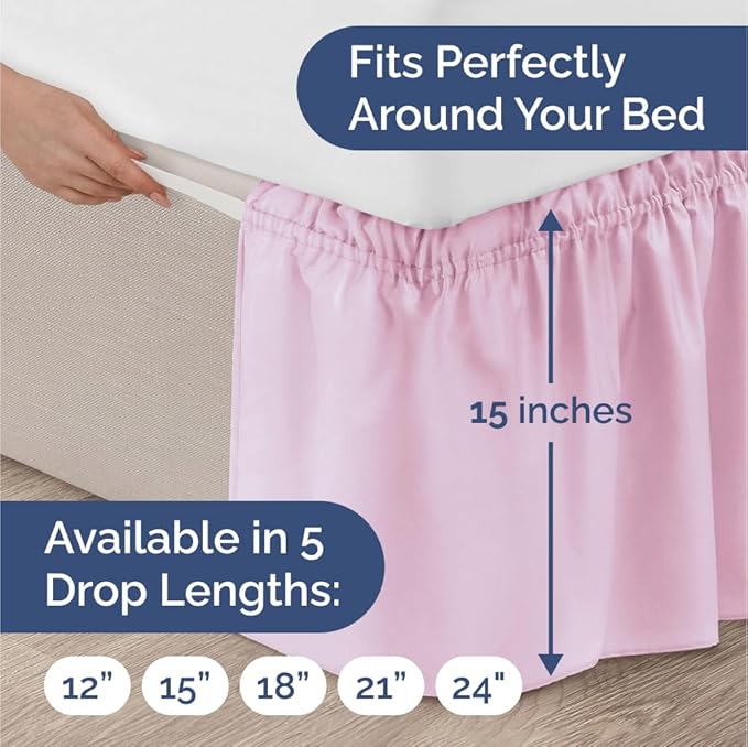 Wrap Around Dust Ruffle Bed Skirt - Light Pink - for Full Size Beds with 15 Inch Drop - Elastic Strap - Adjustable Pleated Bedskirt with Brushed Fabric and Wrinkle Free - for Women, Men, Kids & Teens