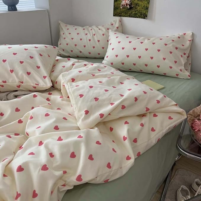 Nayoroom Heart Duvet Cover Twin Size Kawaii Pink Heart Printed on Cream White Bedding Set 2Pcs Kids Girls Cute Heart-Shaped Pattern Comforter Cover with Zipper Closure Soft Breathable Microfiber