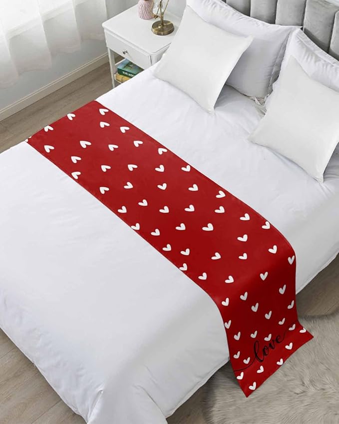 Valentine's Day White Love Hearts Bed Runners for Bedroom Hotel,Decorative Bedding Scarf Sweetheart and Quote on Red Bed End Blanket Bedding Runner Scarves for Queen Size Bed,94x20in