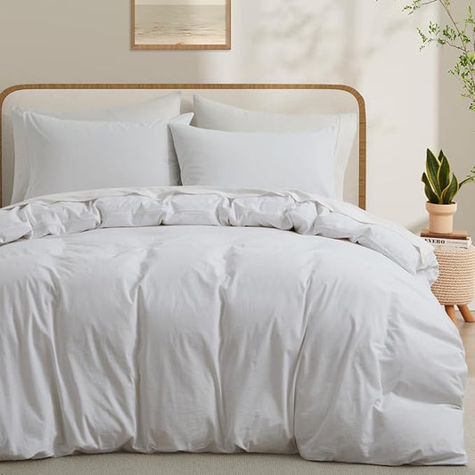 White Duvet Cover Full Size, 100% Washed Cotton Linen Like Bedding Set with Zipper Closure (No Comforter), 80x90 Inches