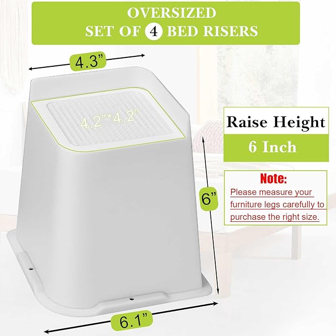 Bed Risers 1 inch, 2 inch, 3 inch, 4 inch, 6 inch, 8 inch Heavy Duty, Oversized Furniture Riser for Couch Sofa Table Chair Leg Frame Dorm, Support up to 6000 Lbs (White 4 Pack, 6 inch)