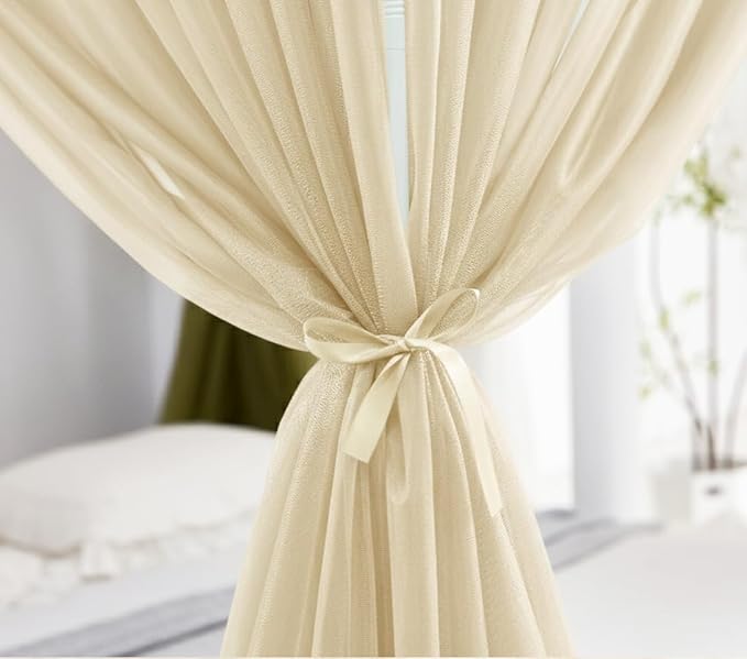 Akiky Canopy Bed Curtains 8 Panel Bed Curtains Drapes for Full Queen Size Bed Sheer Canopy Bed Drapes with Lights(Khaki)