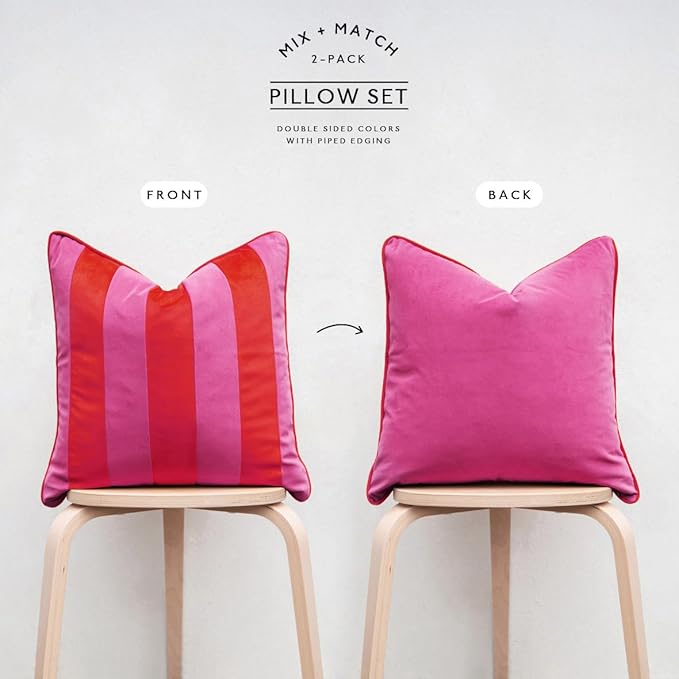 MONDAY MOOSE Decorative Throw Pillow Covers Cushion Cases, Set of 2 Soft Velvet Striped Piping Edge Designs, Pillow Inserts Not Included (16x16 inch, Hot Pink/Red)
