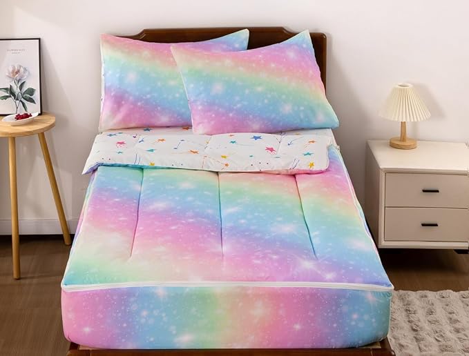 Meeting Story 3pcs Kids Comforter Set Zipper Bedding Set for Girls,Twin Kid Bedding Set Gradient Comforter Set for Kid,All in one Zipper Bedding（Yellowpink,Twin）