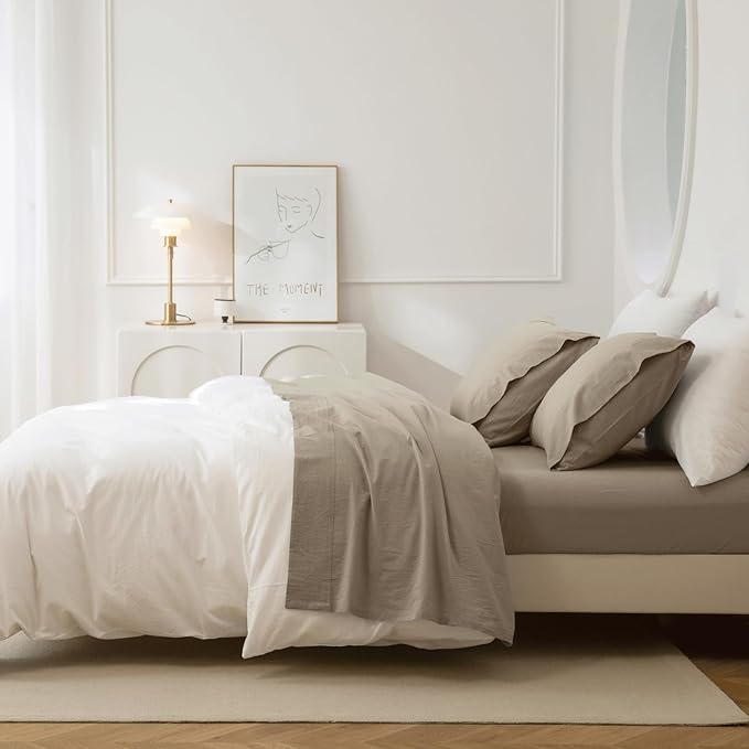JIYUAN 100% Washed Cotton Sheet Set 4 Pieces Cal King,1 Fitted Sheet,1 Flat Sheet and 2 Pillowcases,Comfy and Breathable Linen Like Bedding Set,Khaki