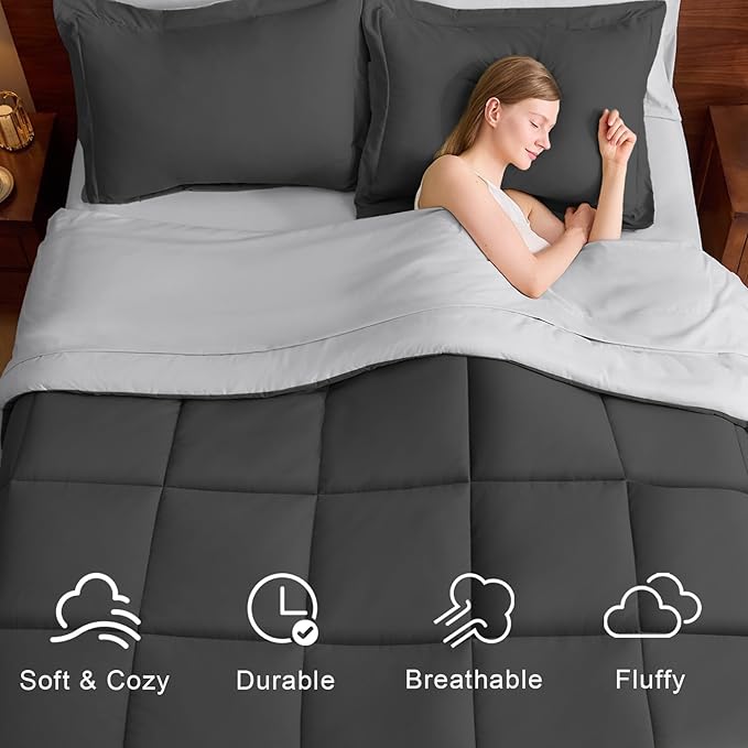 FUANNA Full Size Comforter Sets 7 Pieces, Reversible Bed in a Bag with All Season Soft Comforter, Bedding Sets Includes Comforter, Flat Sheet, Fitted Sheet, Pillowcases & Shams, Dark Grey & Light Grey