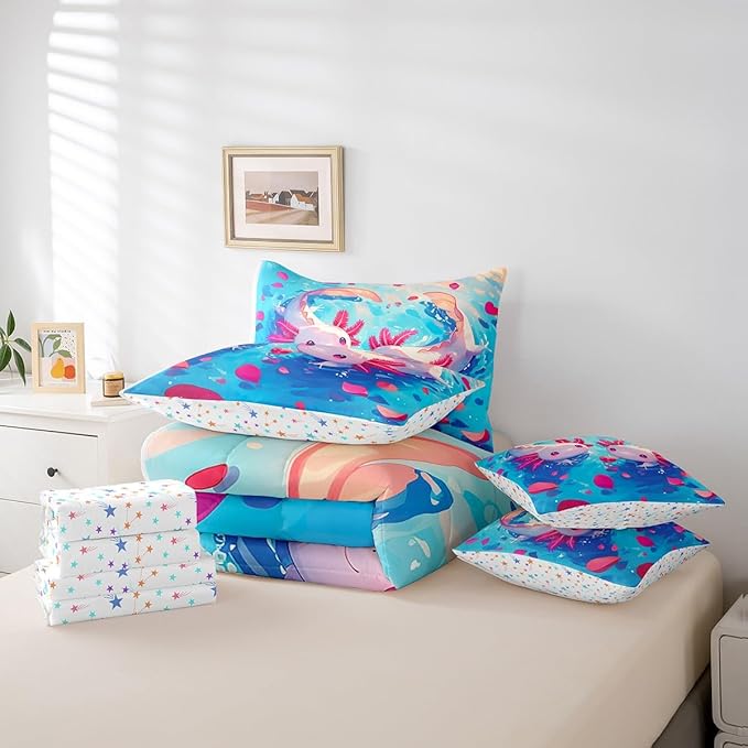 Feelyou Kids Cute Axolotl Bed in A Bag Twin Size, Ocean Sealife 7 Pieces Bedding Set Boys Girls Cartoon Animal Comforter Set with Sheets Kawaii Teens Bed Set Bedroom Decor 7Pcs