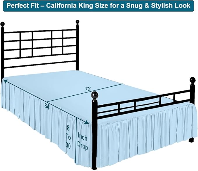 Shreem Linen Ruffled Bed Skirt with Split Corners, Gathered Style, 100% Microfiber, 18-Inch Drop, Dust Ruffle Bedskirt with Platform, Cal-King, Light Blue