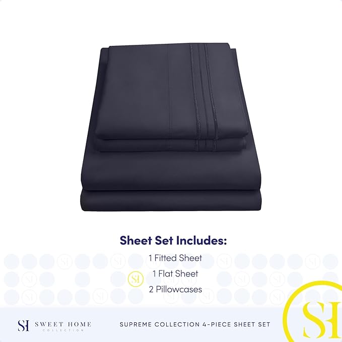 King Size Sheets - Breathable Luxury Bed Sheets with Full Elastic & Secure Corner Straps Built In - 1800 Supreme Collection Extra Soft Deep Pocket Bedding Set, Sheet Set, King, Navy