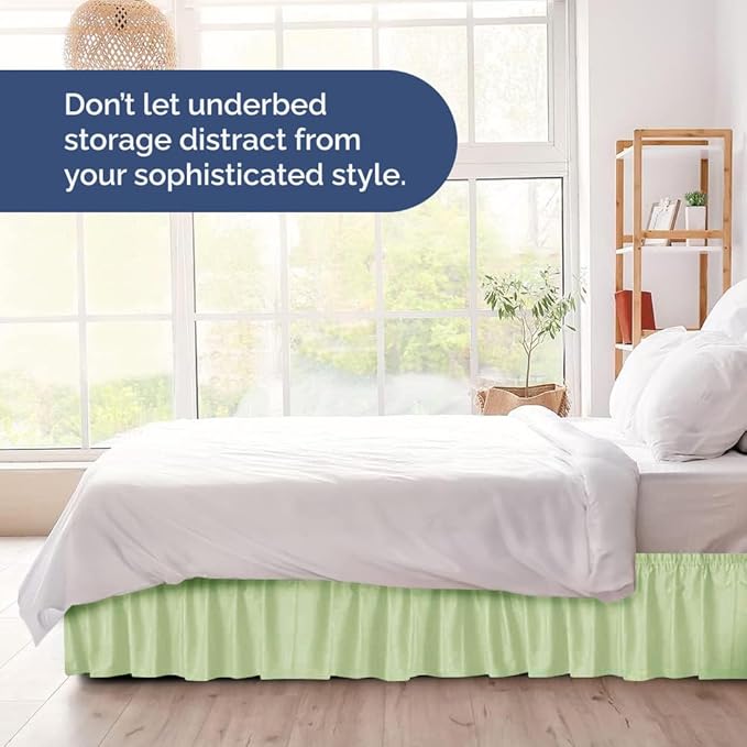 Wrap Around Dust Ruffle Bed Skirt - Light Sage - for Queen Size Beds w/ 15 Inch Drop - Easy Fit Elastic Strap - Adjustable Pleated Bedskirt w/Brushed Fabric - Wrinkle Free, Women, Men, Kids & Teens