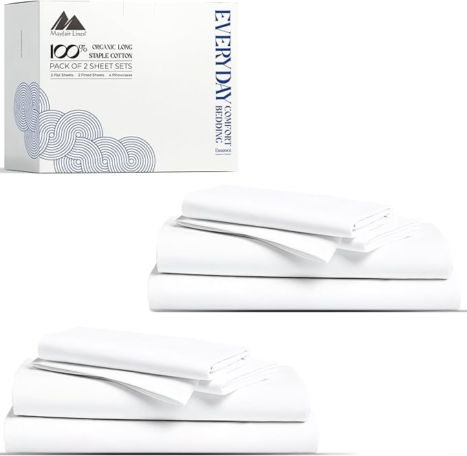 Mayfair Linen 100% Organic Cotton Percale Sheets Twin Size Pack or 2 - Soft & Crisp Organic Cotton Sheets Twin Size (6 PC, White), Dorm Room Essentials Low Pill Fade Resistant Percale Bed Sheet Set