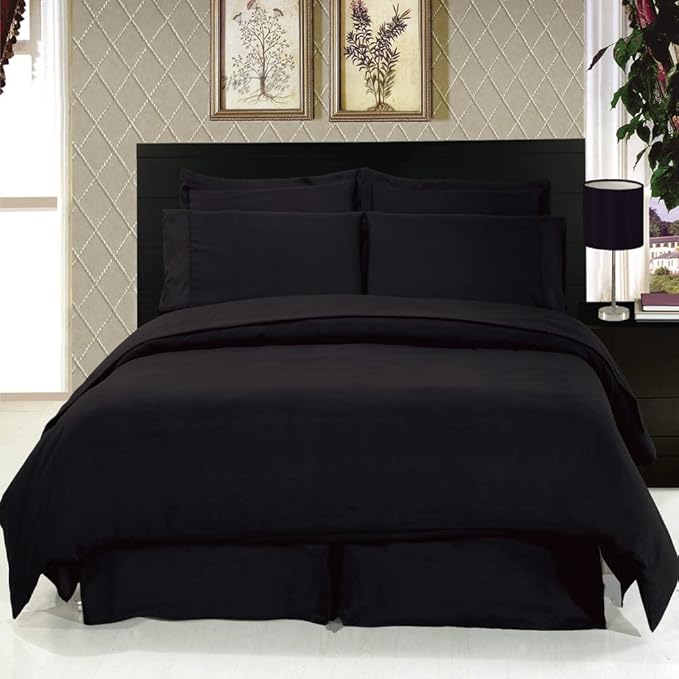 Royal Hotel Bedding 8pc Queen Size Bed-in-a-Bag Solid Black 600-Thread-Count Siberian Goose Down Alternative Comforter 100 Percent Cotton - Includes Sheets and Duvet Cover Sets