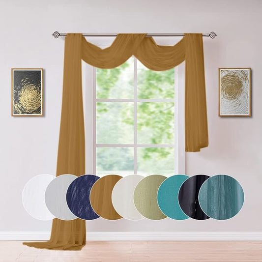 Long Length 56" (W) x 216" (L) Gold Color Sheer Window Scarf. Voile Window Treatments are Perfect As Valance Scarves, Canopy Bed Scarf Or Wedding Decoration. AMA 56" x 216" Gold