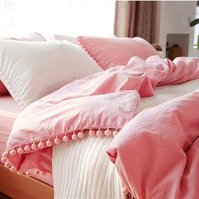TanNicoor Pom Fringe Duvet Cover Set - 2 Piece Natural Ultra SOFE Color Washed Microfiber Bedding Set, Modern Style Down Comforter Quilt Cover with Zipper Closure(Full, Pink)