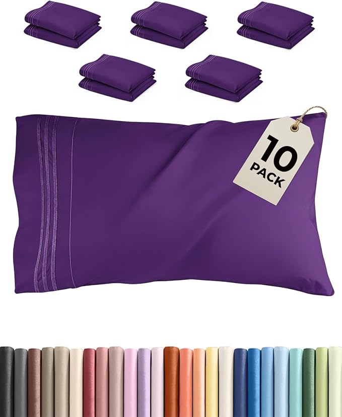 King Pillow Cases Set of 10 - Ultra Soft Hotel Quality Pillowcase Covers - Comfy & Wrinkle Free - Shrink, Stain and Fade Resistant - Easy-Care, Machine Washable Pillow Protectors - 10 Pcs Set - Purple