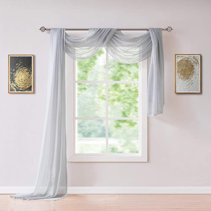 Long Length 56" (W) x 216" (L) Gray Silver Sheer Window Scarf. Voile Window Treatments are Perfect As Valance Scarves, Canopy Bed Scarf Or Wedding Decoration. AMA 56" x 216" Silver