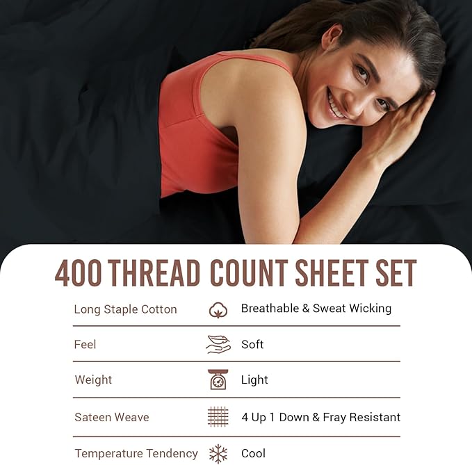Pizuna Pure 100% Cotton Sheets King Size, Luxurious 400 Thread Count Long Staple Cotton Sateen Sheets with 15" Deep Pocket (Combed Black Sheet King)