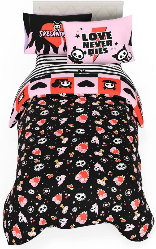 Skelanimals Bedding 5 Piece Twin Bed Set, Soft Checkered Comforter and Sheet Set with Sham, Kit The Cat, (Officially Licensed Product) by Franco Collectibles