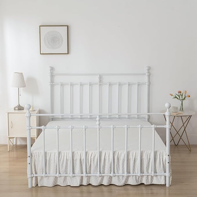 Tufted Dot Bed Skirt Queen Size Ruffled Bed Skirt with Split Corners, 18 Inch Drop Dust Ruffle Bed Skirts with Platform, Ivory