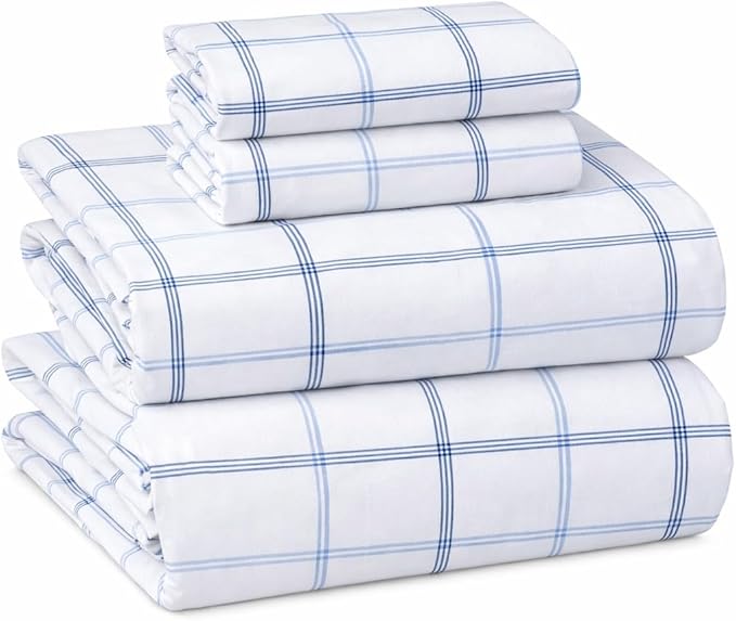 Briarwood Home® Printed Flannel Sheet Set, 100% Natural Cotton, Soft, Warm & Deep Pocket, Advanced Nano-Tech Making it Resistance to Pilling; Brushed 6 Times for Softness (Classic Blue Plaid, King)