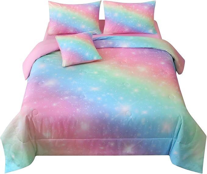 JQinHome Glitter Bedding Set Full Size,6 Piece Bed in A Bag 3D Colorful Rainbow Galaxy Comforter Set for Girls Kids-All Season Microfiber Tie-Dye Bedding Sets(Rainbow)