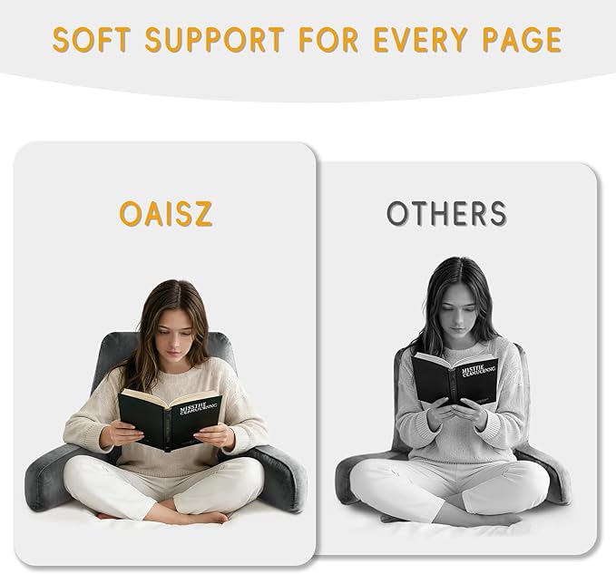 Reading Pillow for Sitting in Bed Adult, 19" Reading Pillow with Shredded Memory Foam, Back Pillow for Sitting Up with Extend Arms, Pockets, Bed Pillow with Washable Cover, Grey