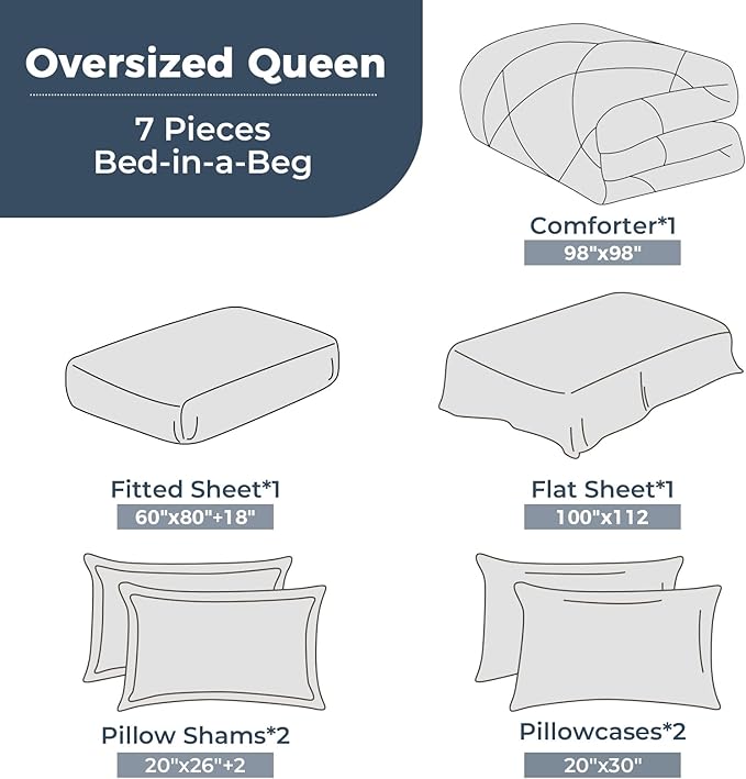 HEVUMYI Black Oversized Queen Comforter Set - 7-Piece All Season Bed in a Bag Oversized Queen, Ultra Soft Bedding Set with Comforter, Flat Sheet, Fitted Sheet, Pillowcases, Pillow Shams