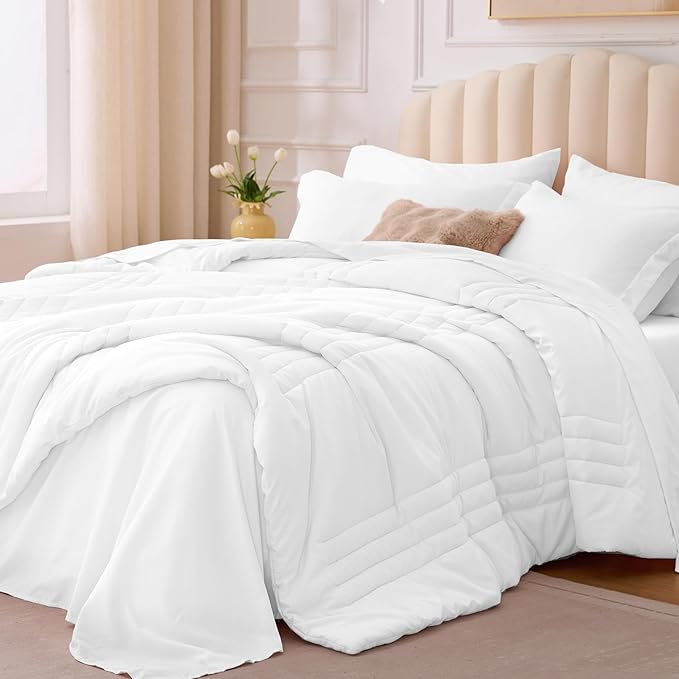 Full Comforter Set White - Bed in a Bag Full Size 7 Pieces, Soft Bedding Set for All Seasons, Premium Comforter Set with Comforter, Sheets, Pillowcases & Shams