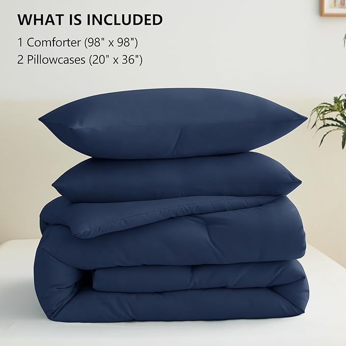 CozyLux Oversized Queen Comforter Set Navy Blue, 3 Pieces 98x98 Solid Breathable Quilted Style Bedding Sets All Season, Luxury Soft Down Alternative Comforter Bed Set (1 Comforter & 2 Pillowcases)