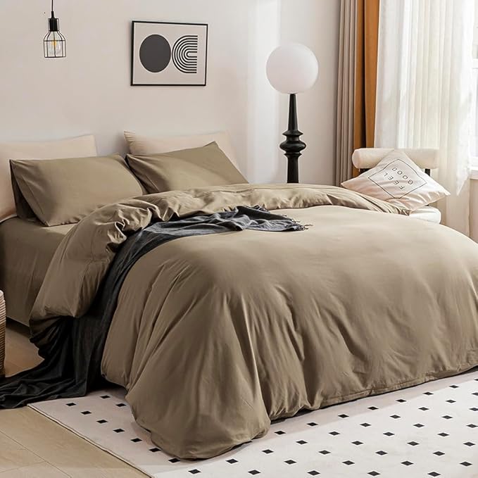 JELLYMONI Khaki 100% Washed Cotton Duvet Cover Set, 3 Pieces Ultra Soft Bedding Set with Zipper Closure. Solid Color Pattern Duvet Cover King Size(No Comforter)