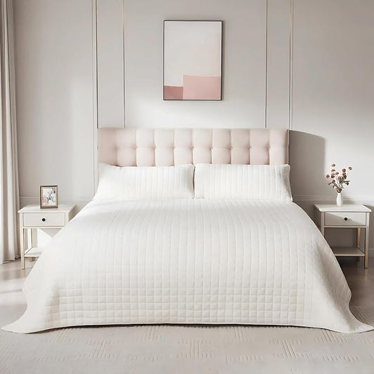 Luxury Velvet Quilt Set King Size, Comforter Set with Pillow Shams, Soft Lightweight Bedspread Coverlet Bedding Sets for All Seasons, Beige
