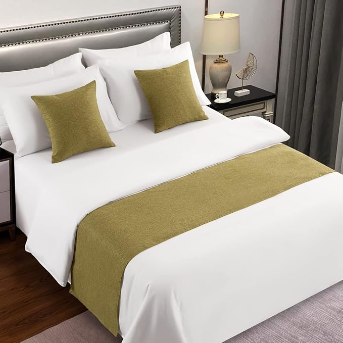 AMBERIS Bed Runner Green, Imitation Linen Decorative Bed Scarf for Home Hotel (Pillowcases Sold Separately)