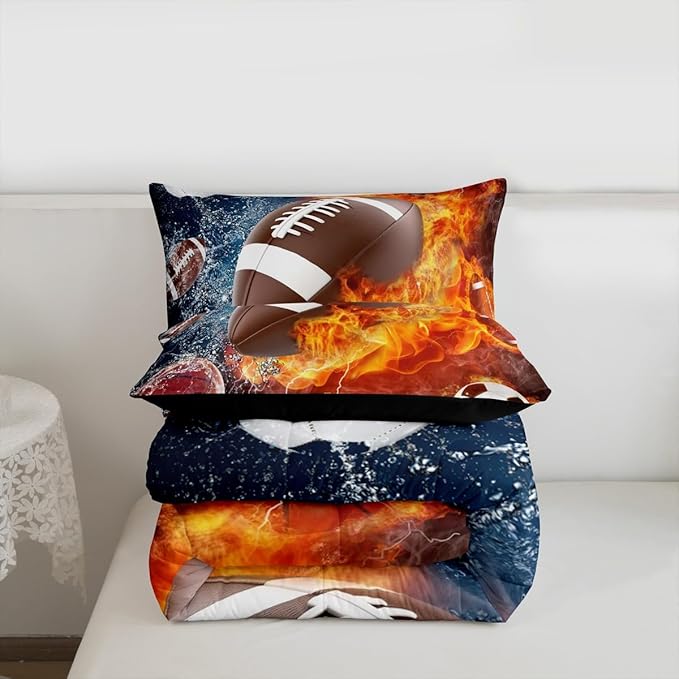 Erosebridal Football Comforter Set King Rugby Sports Bedding Set for Teen Boys Kids,Soccer Basketball Baseball Comforter Red Blue Water Fire Lightning Quilt Duvet Insert Bedroom Decor 2 Pillow Cases