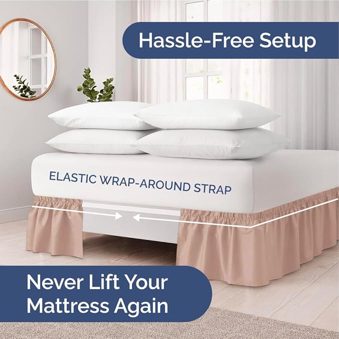 Wrap Around Dust Ruffle Bed Skirt - Mauve - for Full Size Beds w/ 15 Inch Drop - Easy Fit Elastic Strap - Adjustable Pleated Bedskirt w/Brushed Fabric - Wrinkle Free - for Women, Men, Kids & Teens