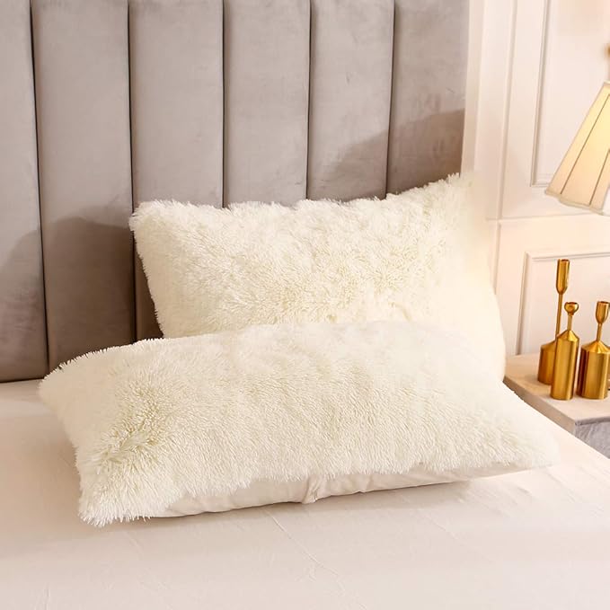 Uhamho Faux Fur Velvet Fluffy Bedding Duvet Cover Set Down Comforter Quilt Cover with Pillow Sham, Ultra Soft Warm (Twin, Cream)