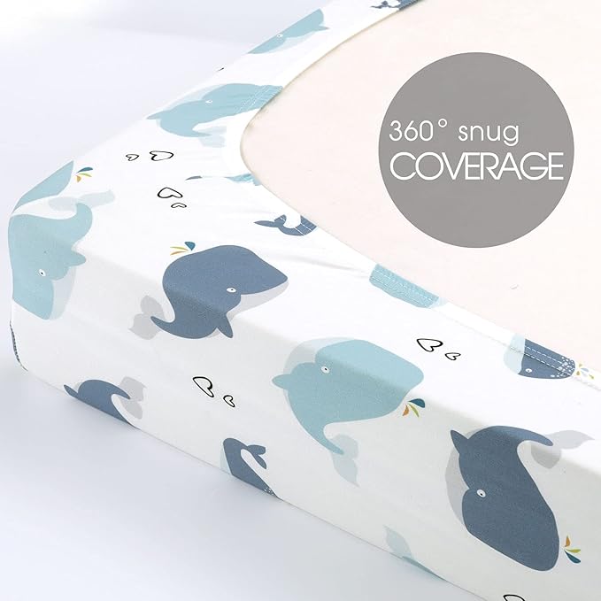 Stretchy Ultra Soft Jersey Knit Fitted Crib Sheets Set 2 Pack，Fits All Standard Crib Mattress Pads, Lovely Whale for Girls and Boys