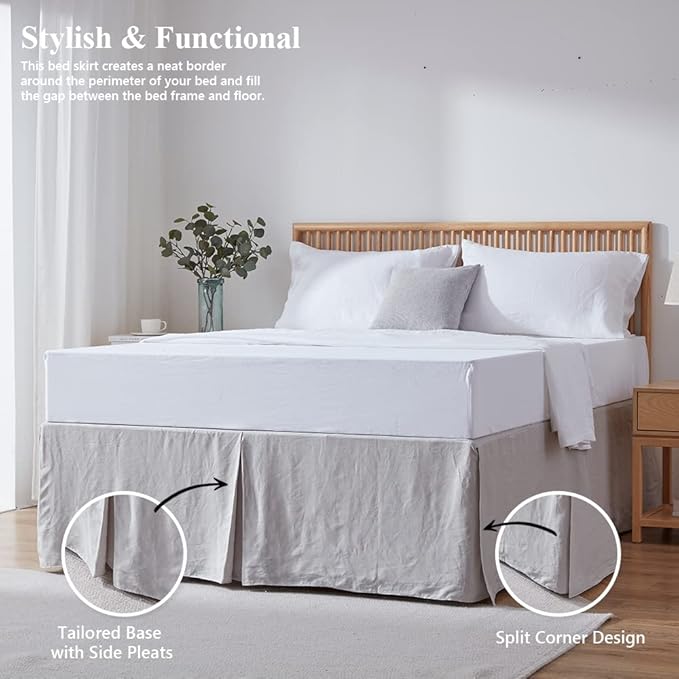 Simple&Opulence Belgian Linen Bed Skirt with Classic 14 inch Tailored Drop Dust Ruffle, Easy Fit Breathable Premium Natural Flax- Basic Grey, King