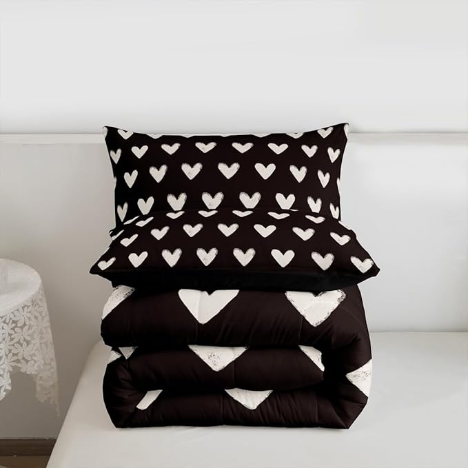 Erosebridal Love Comforter Set Queen Black and White Bedding for Kids Boys Girls Cute Heart Shaped Valentine Day Down Comforter Kawaii Cartoon Love Heart Geometric Duvet Insert Soft Warm Quilt 3Pcs
