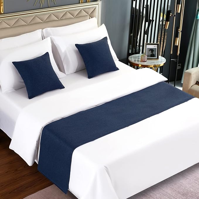 AMBERIS Bed Runner Dark Blue, Imitation Linen Decorative Bed Scarf for Home Hotel (Pillowcases Sold Separately)