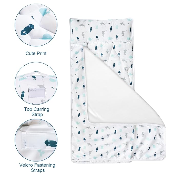 Toddler Nap Mat with Blanket 50" x 21" x 1.5", Nap Mat for Boys Girls Super Soft and Cozy, Kids Sleeping Bag for Preschool, Daycare, Toddler Sleeping Bag, White