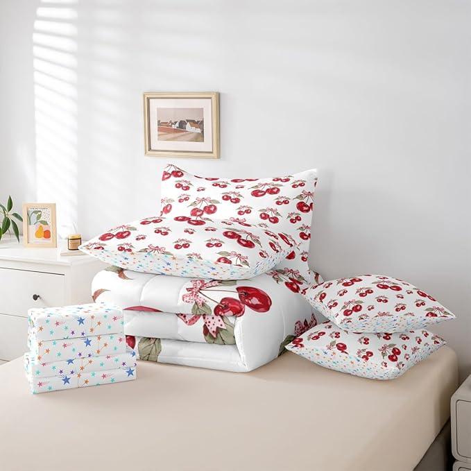 Feelyou Red Cherry King Comforter Set with Sheets for Kids Boys Girls Pink Bowknot 7 Pieces Bedding Set Cartoon Cherry Bed in a Bag Cute Bow Room Decor Soft Lightweight Microfiber