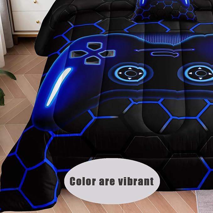 6 Pieces Bed in a Bag for Boys Bedding Sets Full Size,Gamer Comforter Sets for Boys Kids, Gaming Comforter Set for Teens Room Decor with Flat Sheet,Fitted Sheet,Pillowcase,Cushion Cover