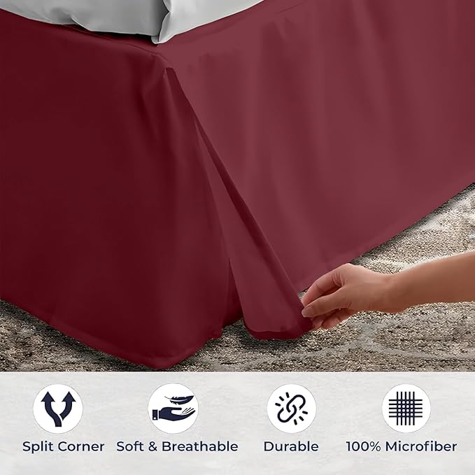 SGI Bedding 9 inch Drop Bed Skirt King Size - Platform Style with Secure Fit, Classic Tailored Look, Elegant Pleated Style Dust Ruffle, Split Corners, Wrinkle Resistant Microfiber - Burgundy