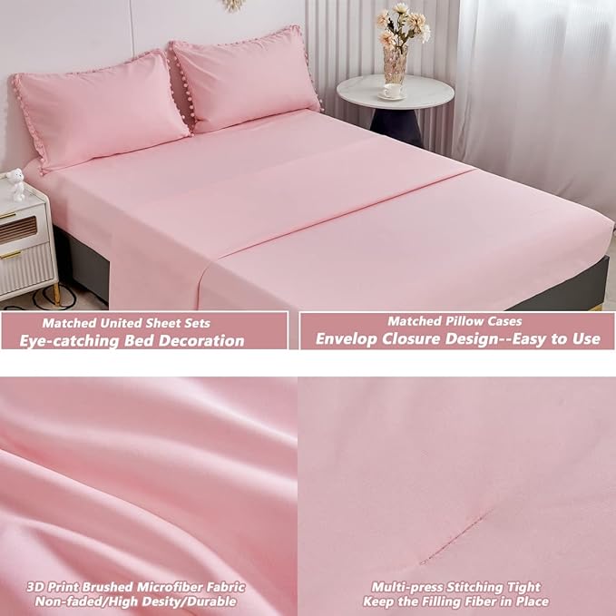 PERFEMET 5 Pcs Pink Pom Pom Comforter Twin Size Aesthetic Boho Pom Fringe Bedding Set with Sheet Ultra Soft Lightweight Farmhouse Bedding Quilt Set for Girls Kids(Pink, Twin)
